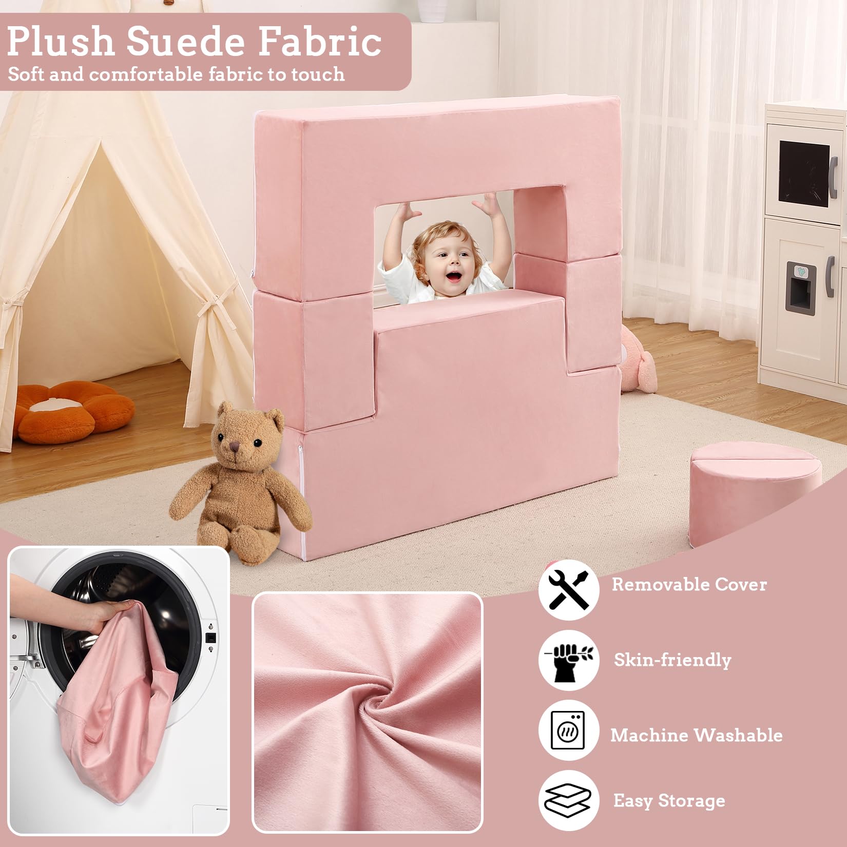 Canapé de jeu pour enfants Garvee, 6 pièces, modulaire, rose, housse en microfibre douce, pour salle de jeux, 100 x 50 x 40 cm