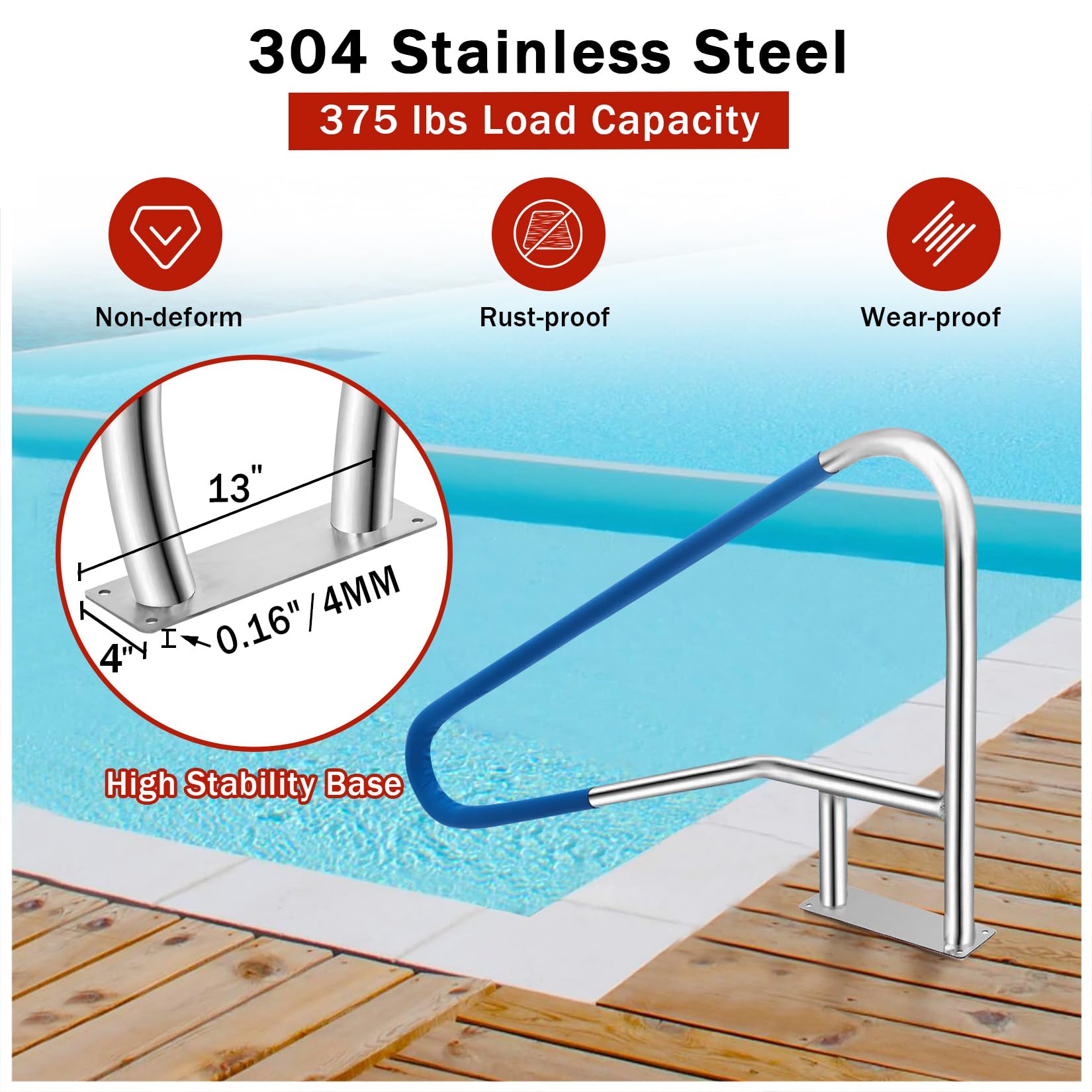 Main courante de piscine Garvee 54 x 36 pouces en acier inoxydable 304 pour piscines enterrées, poignées antidérapantes, installation rapide