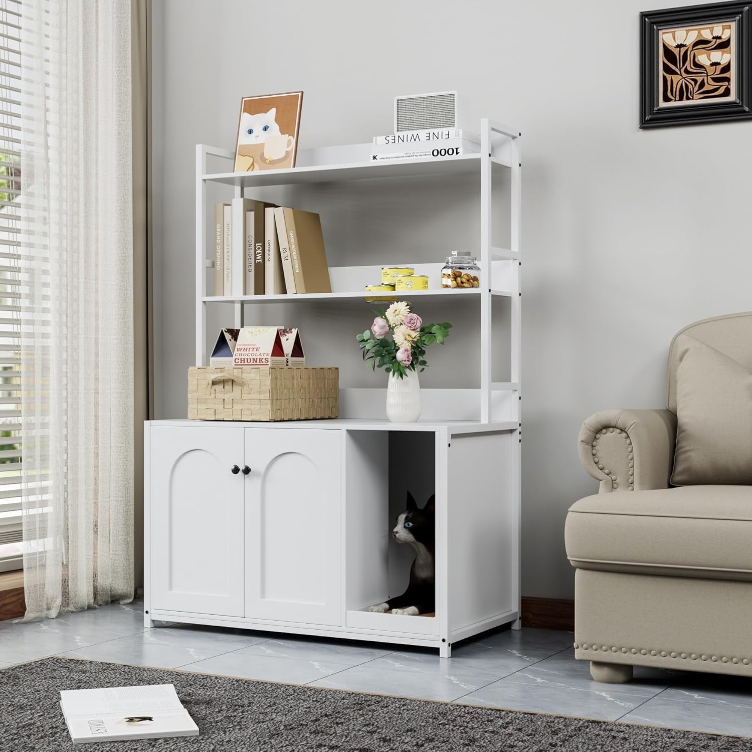 Garvee enclos pour bac à litière avec 2 portes et griffoir, MDF et acier, 3 étagères, blanc, pour le salon et la chambre, 57 cm × 42 cm × 55 cm