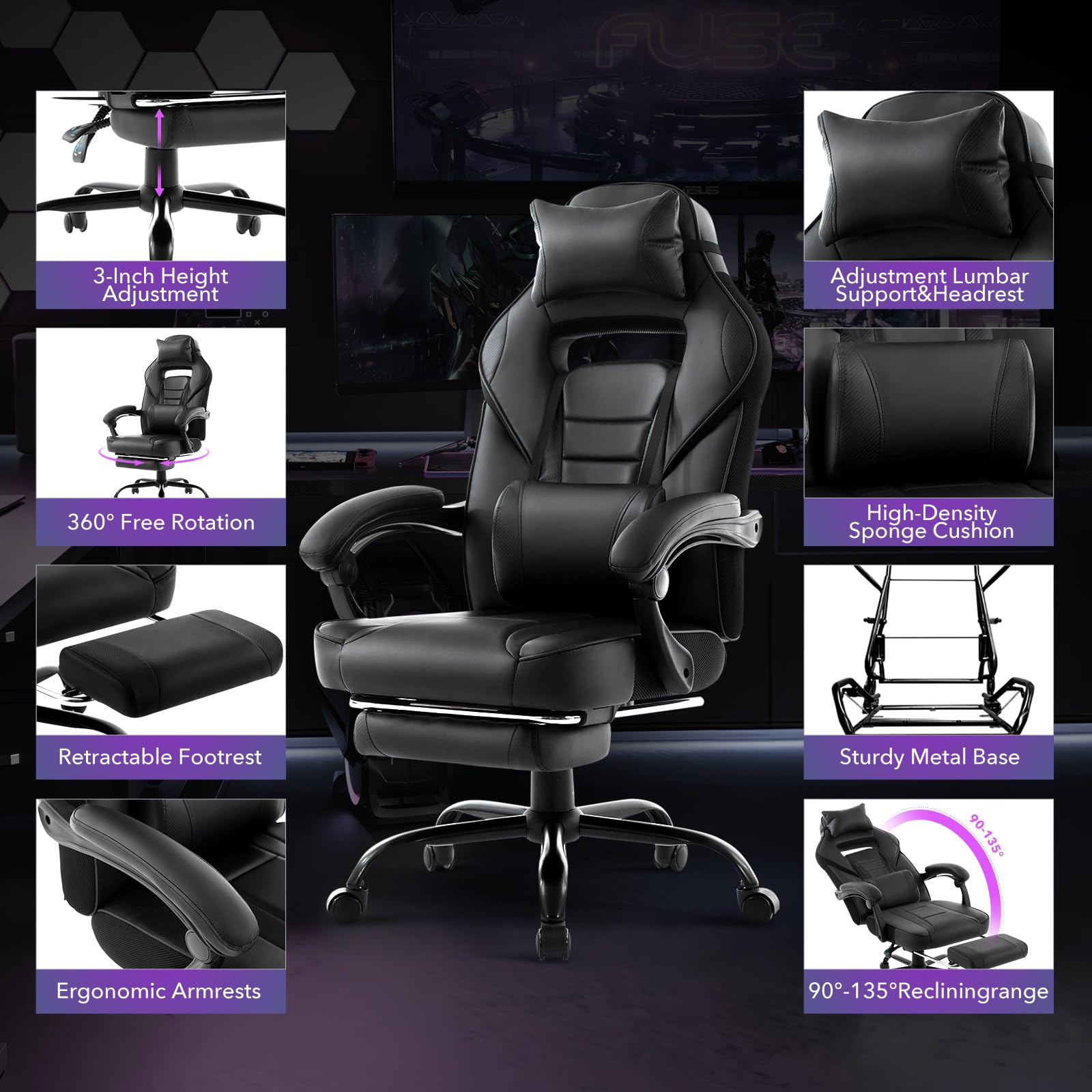 Garvee Chaise gaming ergonomique noire avec repose-pieds, appui-tête et soutien lombaire, pivotante 360°, hauteur réglable, capacité 136 kg, adulte et ado