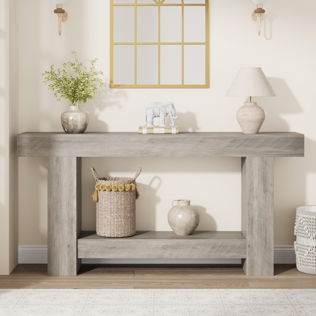 Garvee Console 160 cm pour couloir, 2 niveaux, bois robuste, style rustique, rectangulaire, avec rangement, marron