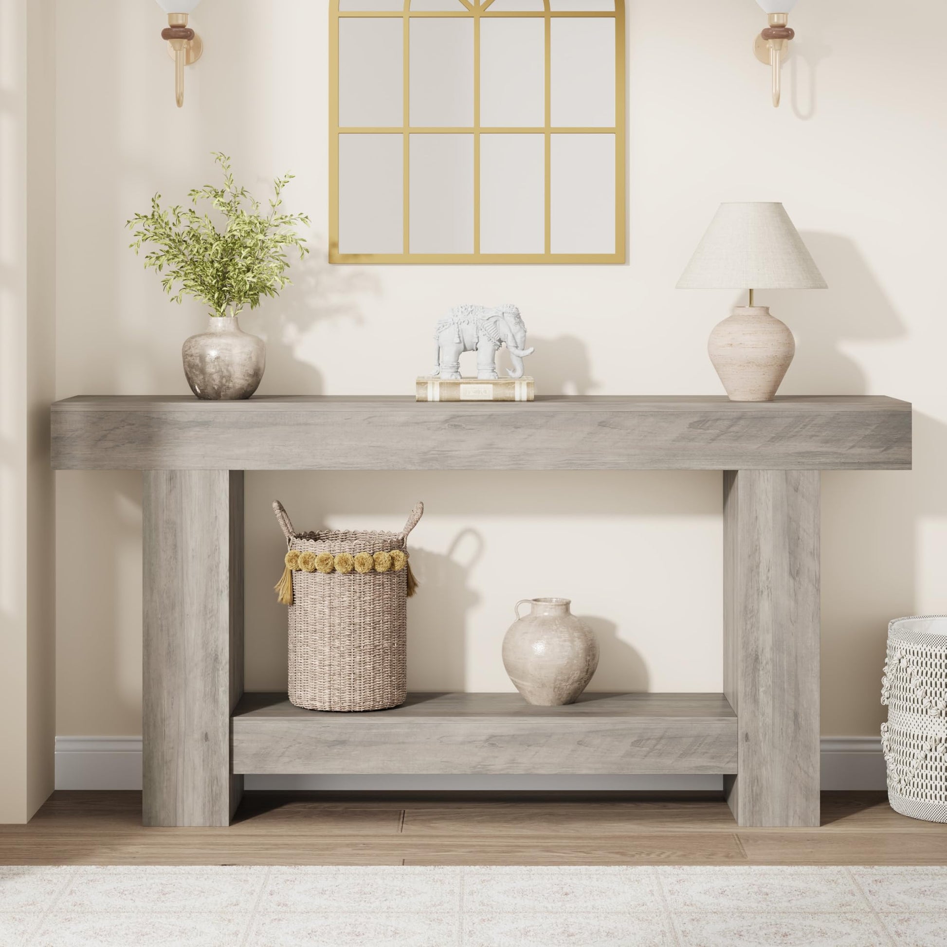 Garvee Table Console 160 cm en Bois Massif avec 2 Étagères, Style Maison de Campagne, pour Salon et Entrée, Gris