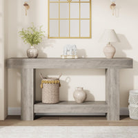 Garvee Table Console 160 cm en Bois Massif avec 2 Étagères, Style Maison de Campagne, pour Salon et Entrée, Gris