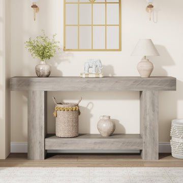 Garvee Table Console 160 cm en Bois Massif avec 2 Étagères, Style Maison de Campagne, pour Salon et Entrée, Gris