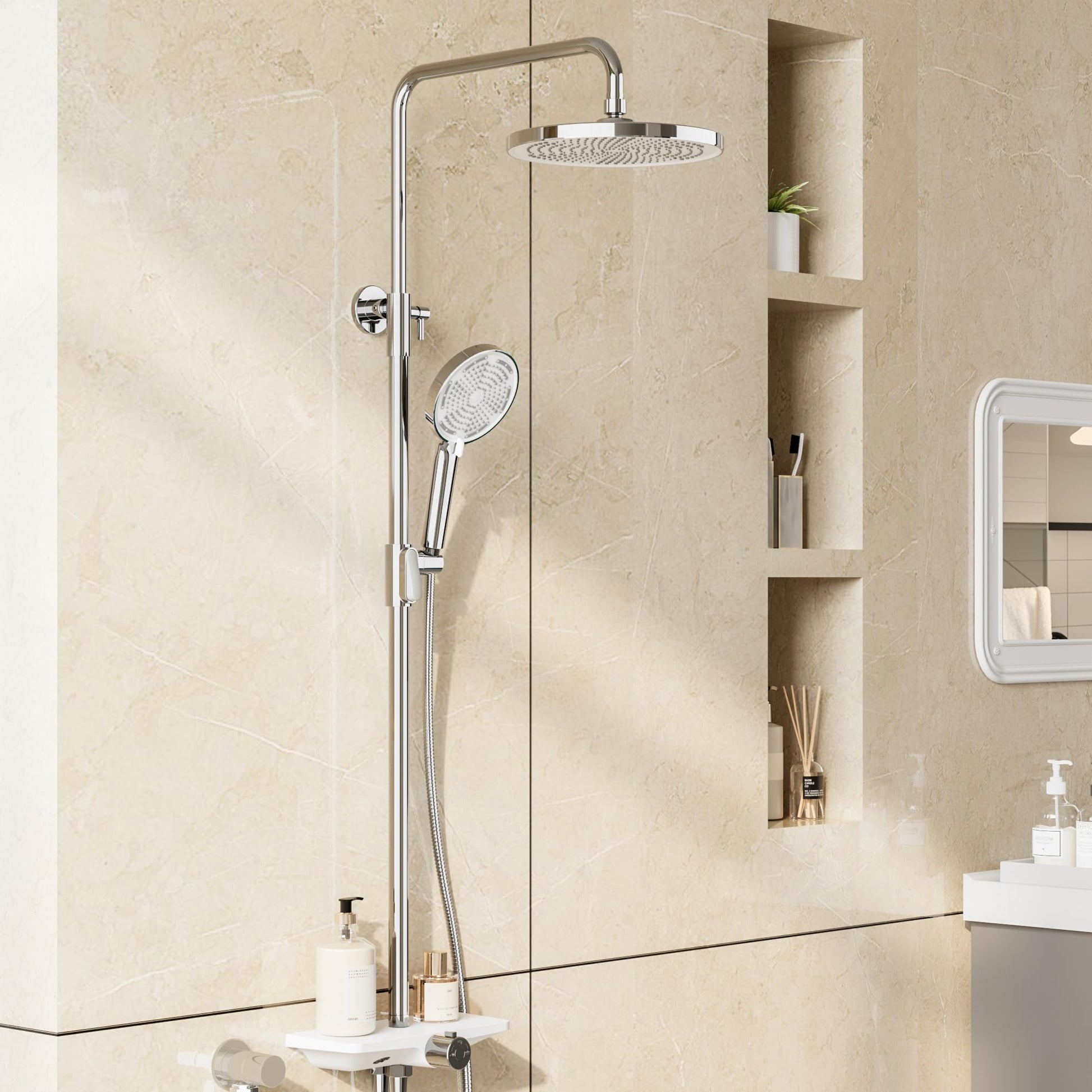Garvee Colonne de douche réglable 98–130 cm en acier inoxydable 201, pommeau 25 cm, douchette 3 jets, tablette 27 cm, installation facile, chrome et blanc