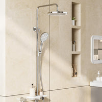 Garvee Colonne de douche réglable 98–130 cm en acier inoxydable 201, pommeau 25 cm, douchette 3 jets, tablette 27 cm, installation facile, chrome et blanc