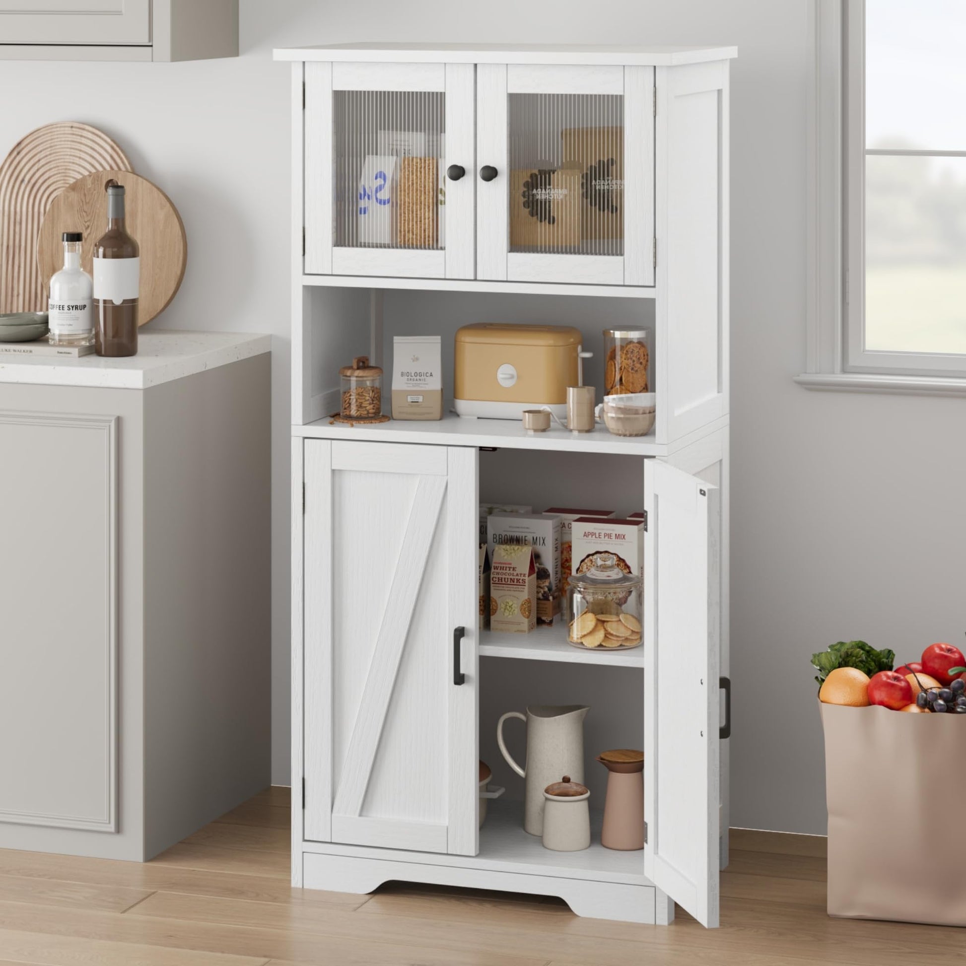 Armoire de salle de bain haute Garvee avec portes vitrées, étagères réglables, MDF, blanche, autoportante, style moderne pour salle de bain et cuisine, 60 cm (L) x 30 cm (P) x 128 cm (H)