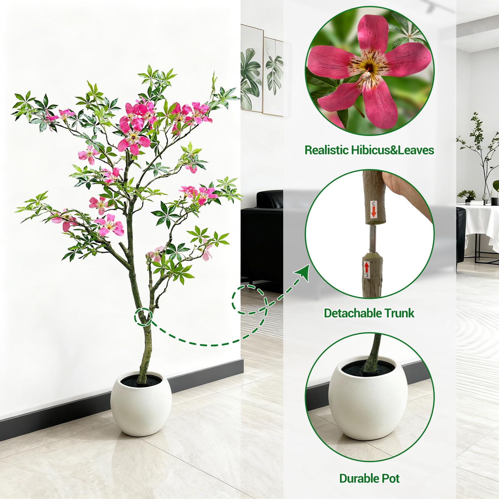 Arbre artificiel Garvee de 120 cm avec feuilles et fleurs réalistes pour salon et bureau, tronc détachable, entretien facile, tissu de soie de haute qualité, vert