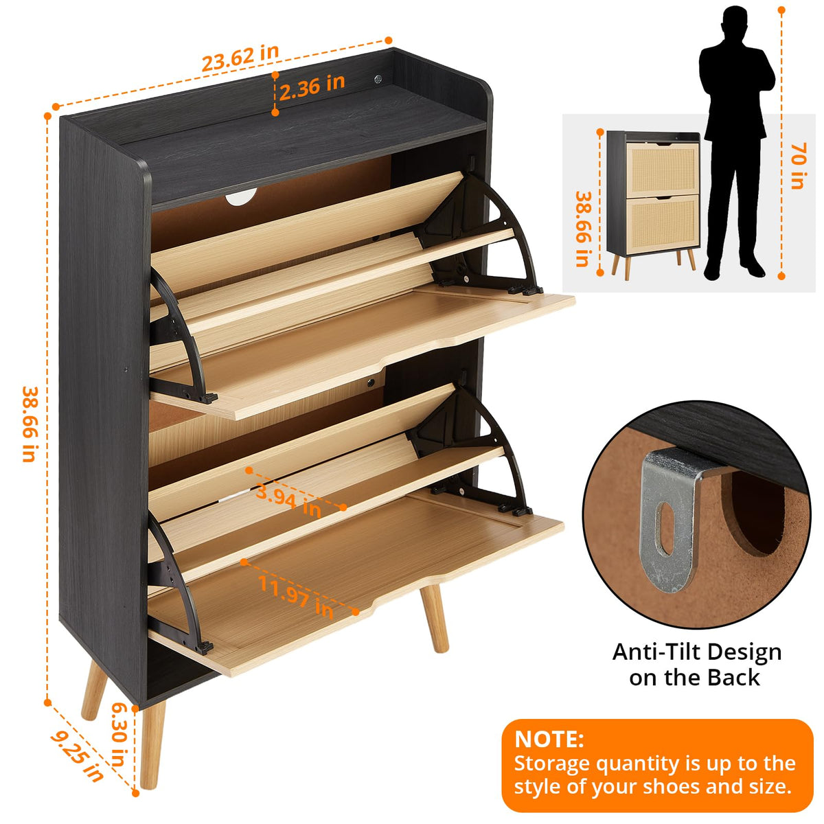 Meuble à chaussures Garvee pour entrée avec organiseur en rotin, tiroir rabattable, aéré, compact, 98,2 x 60 x 23,5 cm, MDF, couleur naturelle