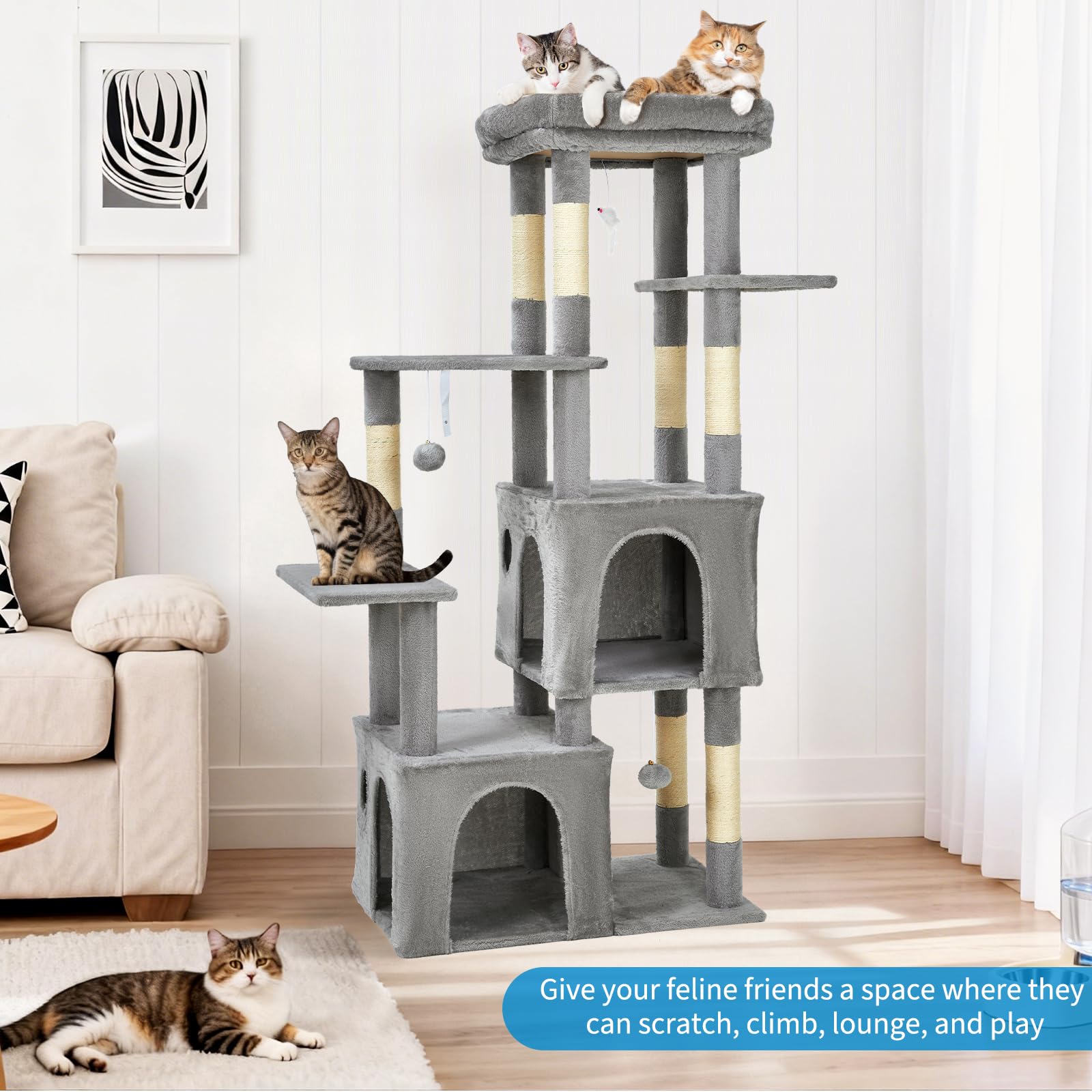 Garvee Arbre à Chat 155 cm Multi-Niveaux pour Grands Chats, Tour Résistante avec Grande Plateforme, Gris Clair