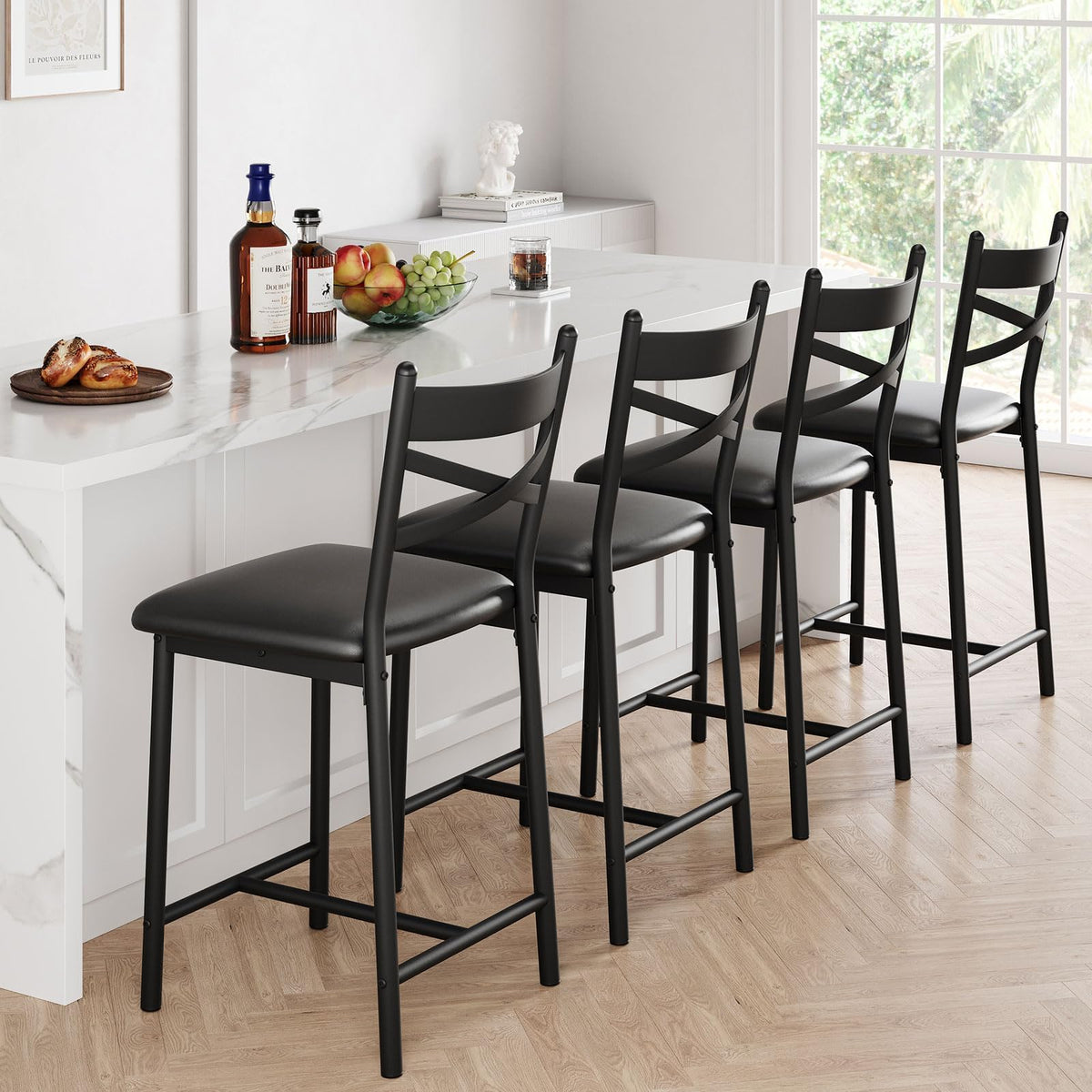 Garvee lot de 2 tabourets de bar 66 cm, structure métal, assise en polyuréthane, dossier et repose-pieds, noirs