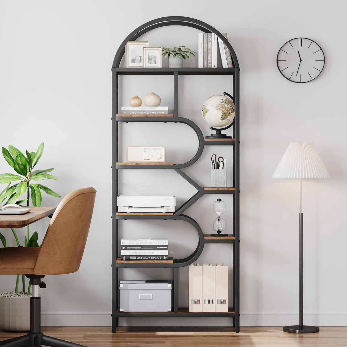 Garvee Bibliothèque à 6 Niveaux au Design Géométrique, Structure en Métal, L. 76 × P. 30 × H. 207,5 cm, Noir, pour Salon et Bureau