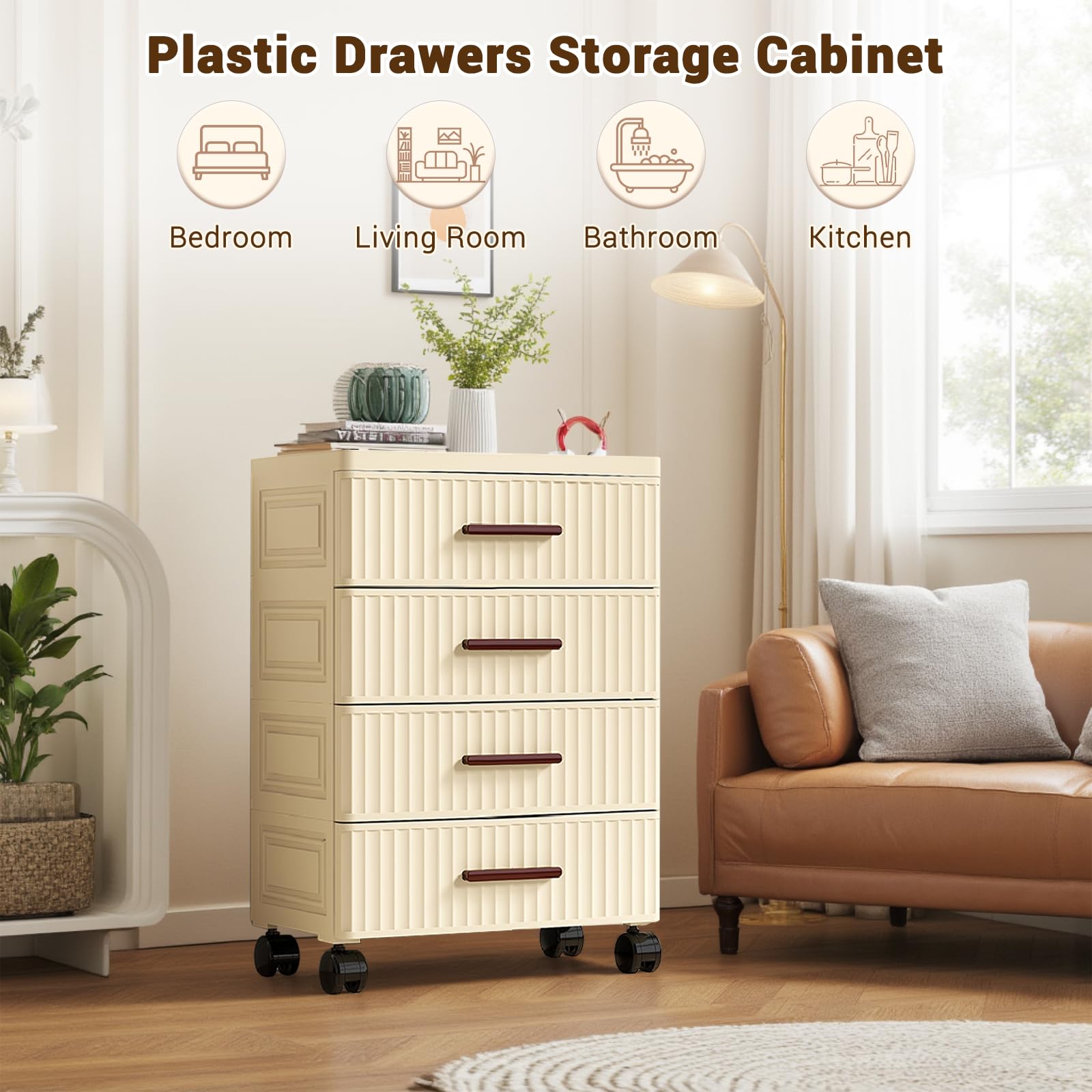 Garvee Meuble de rangement multifonctionnel avec 4 tiroirs, roulettes, plastique, couleur crème, 48cm, pour chambre et salon