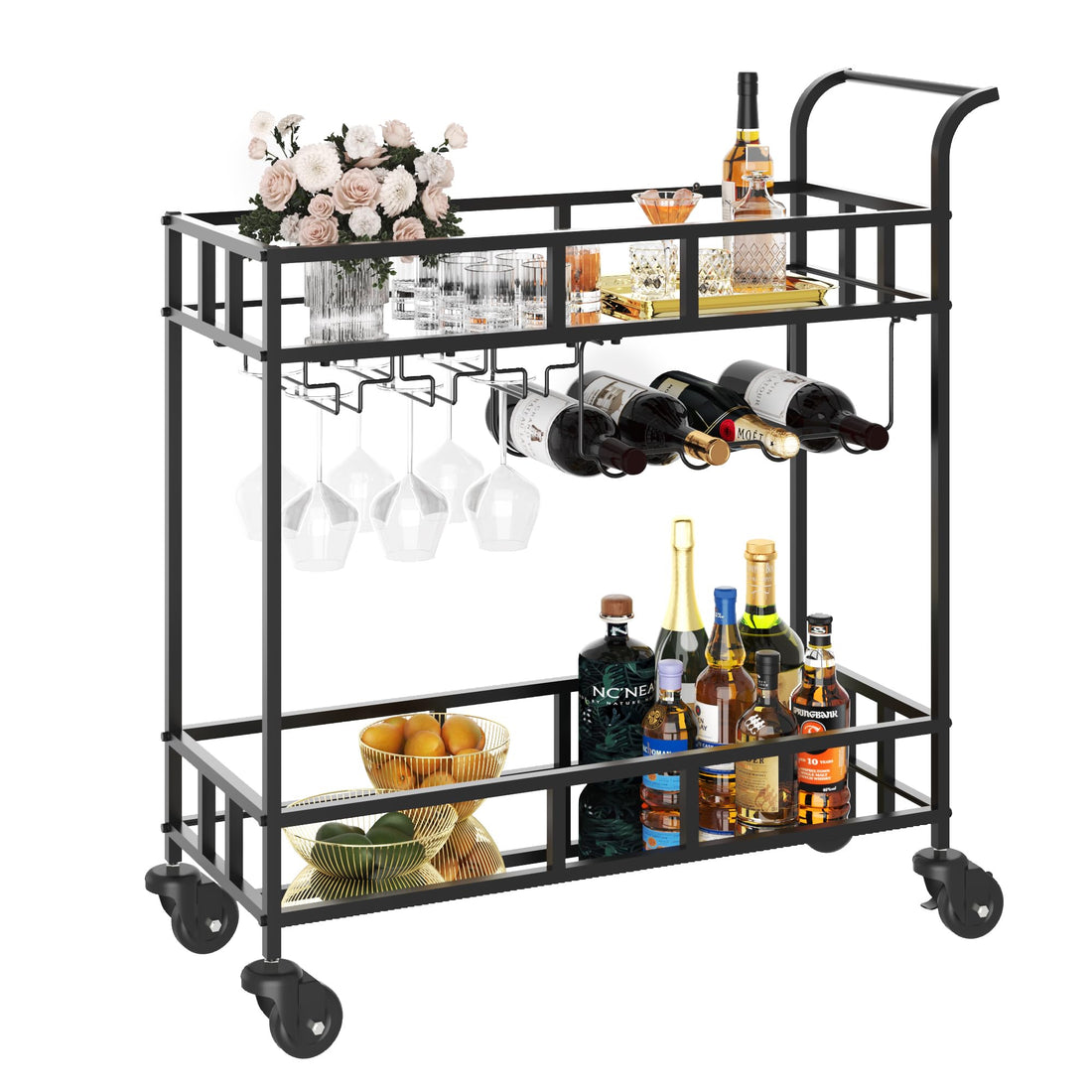Chariot de bar à vin roulant Garvee à 2 niveaux avec étagères miroir, porte-bouteilles, système de suspension pour verres, structure en métal, roulettes pivotantes à 360°, compact pour le salon et les réceptions, 86 x 38 x 90 cm, couleur métallisée