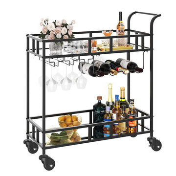 Chariot de bar à vin roulant Garvee à 2 niveaux avec étagères miroir, porte-bouteilles, système de suspension pour verres, structure en métal, roulettes pivotantes à 360°, compact pour le salon et les réceptions, 86 x 38 x 90 cm, couleur métallisée