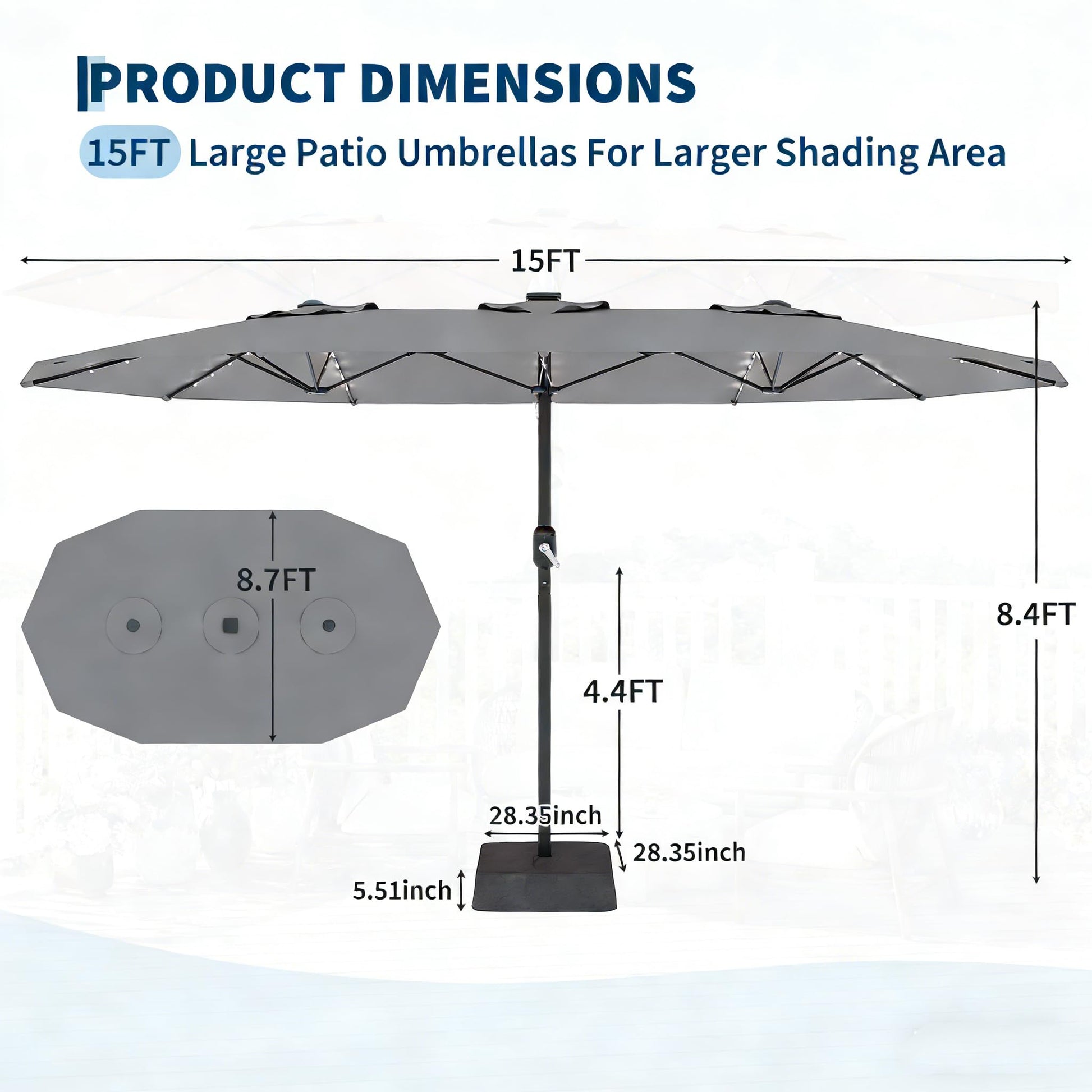 Garvee Parasol Rectangulaire 270 × 450 cm avec Éclairage LED et Recharge Solaire, Base Robuste, pour Terrasse, Jardin, Piscine et Événements, Gris