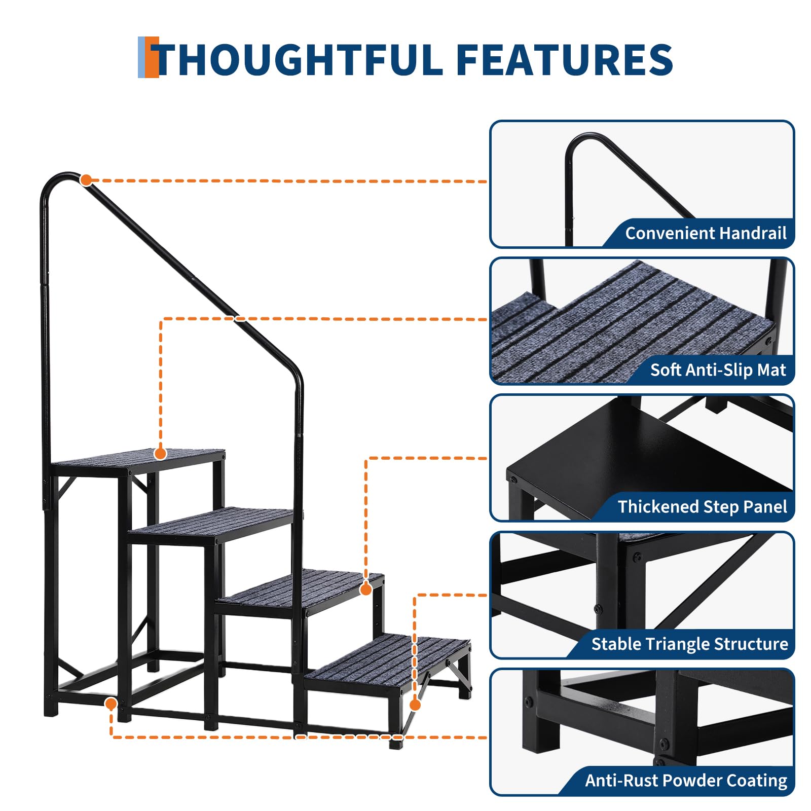 Escalier Garvee à 4 marches pour VR avec rampe, tapis antidérapants, capacité de charge de 300 kg, acier, portable, pour caravanes et piscines, montage rapide