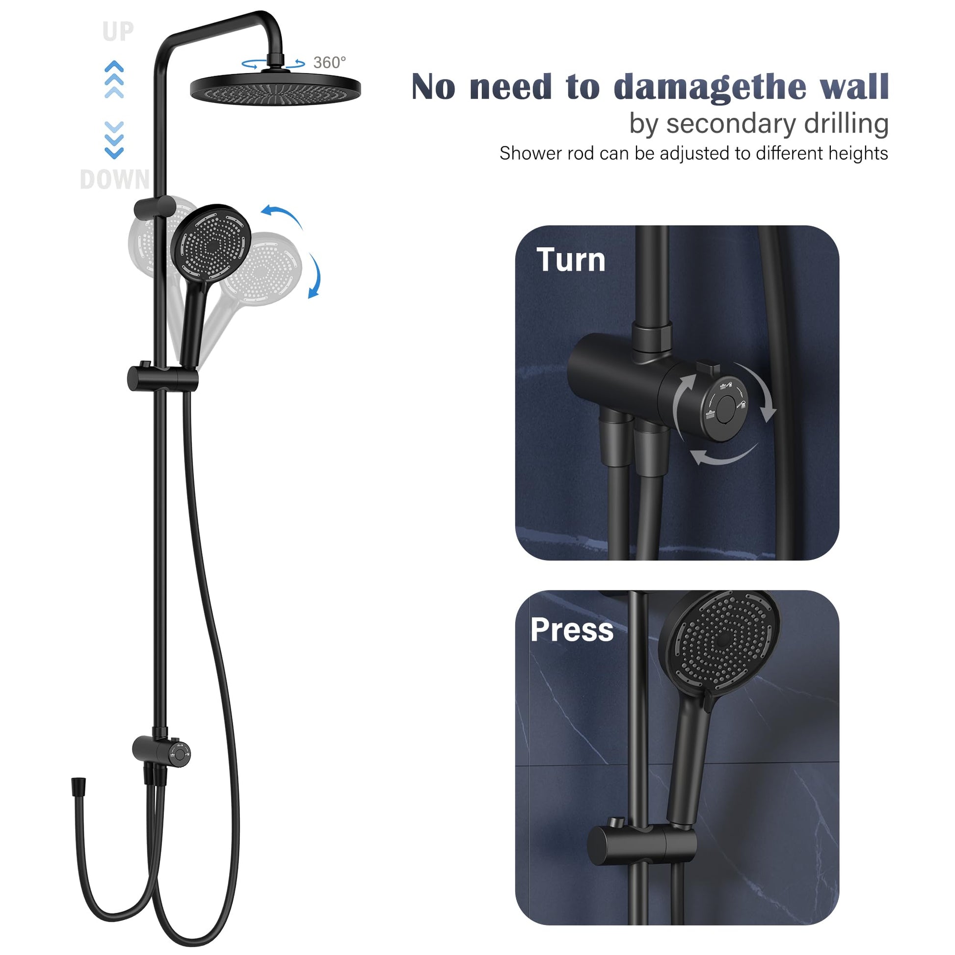 Colonne de douche GARVEE Rain Shower sans accessoires – Colonne de douche ronde en acier inoxydable noir 25 cm