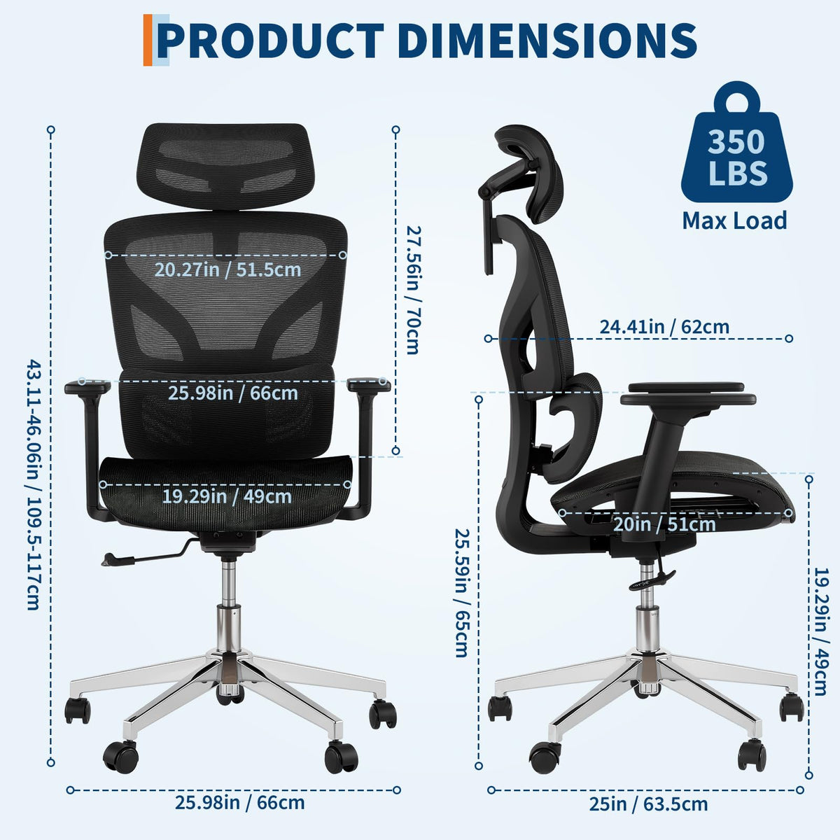 Garvee chaise de bureau ergonomique en maille respirante, accoudoirs 3D, repose-pieds, inclinaison 135°, Noir