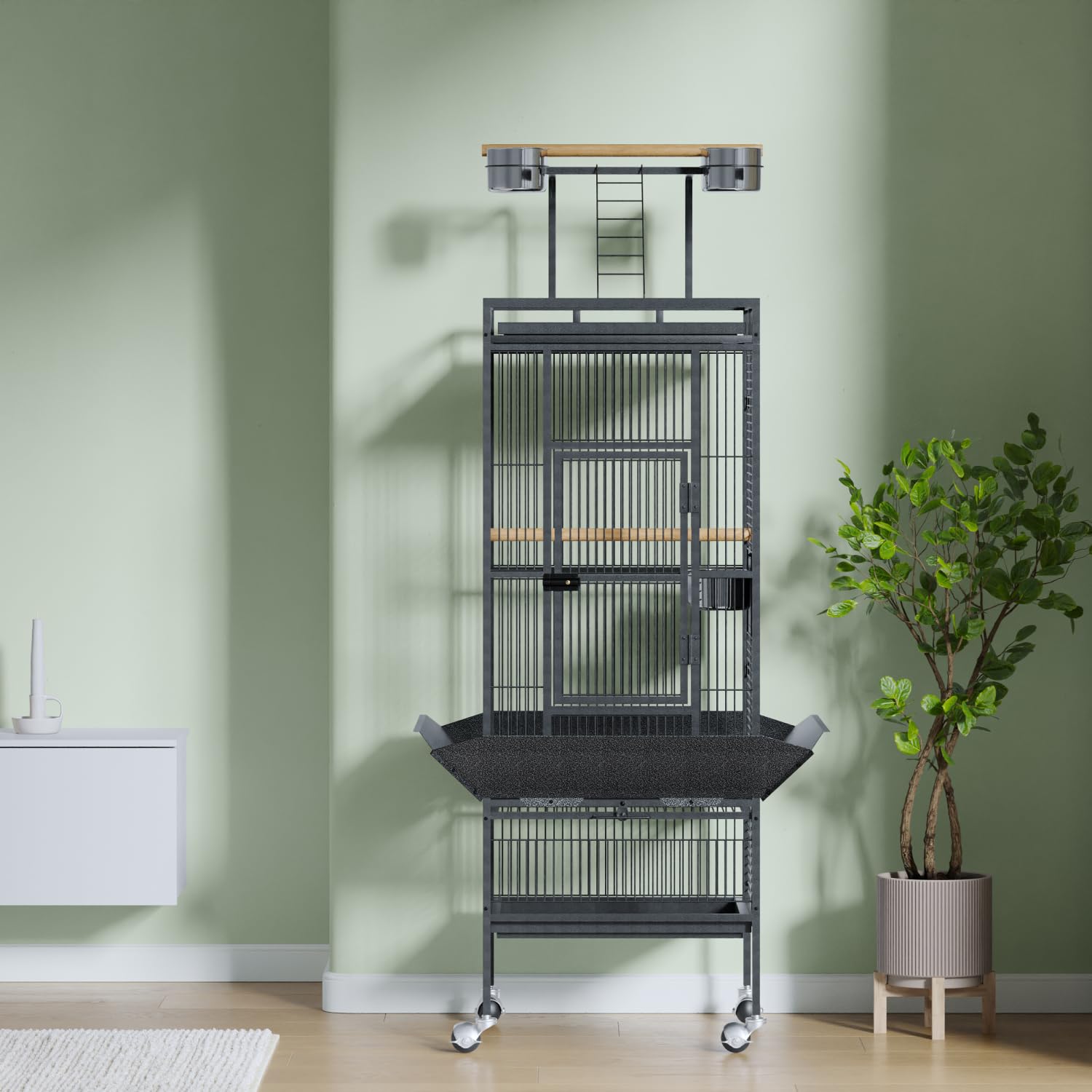 Cage à oiseaux Garvee de 155 cm en métal avec aire de jeux, roulettes, mangeoires pour perroquets et perruches, structure robuste, plateau amovible, grande taille, grise