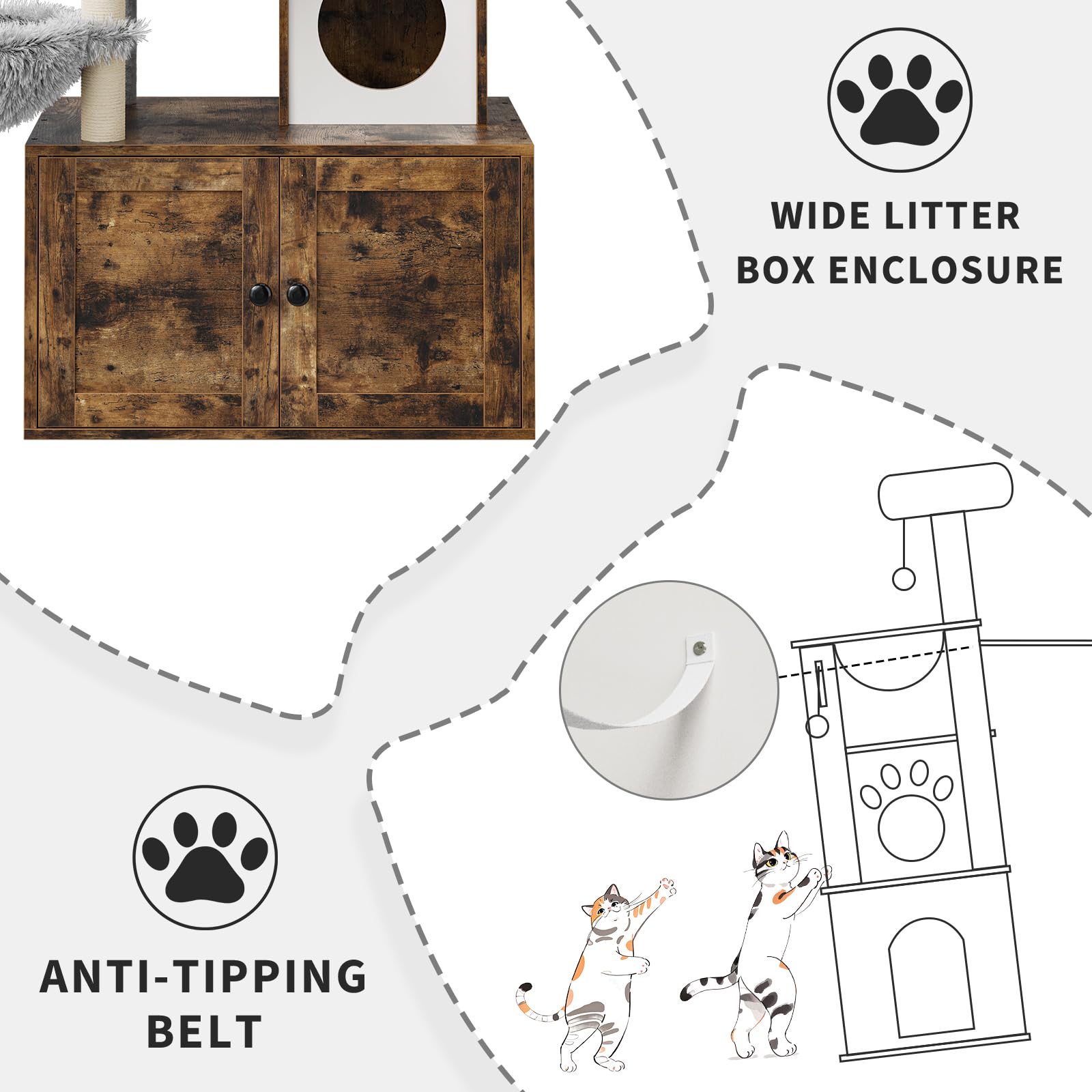 Arbre à chat Garvee 146 cm avec bac à litière intégré, maison pour chat 2 en 1, bois MDF, style moderne, gris et chêne.