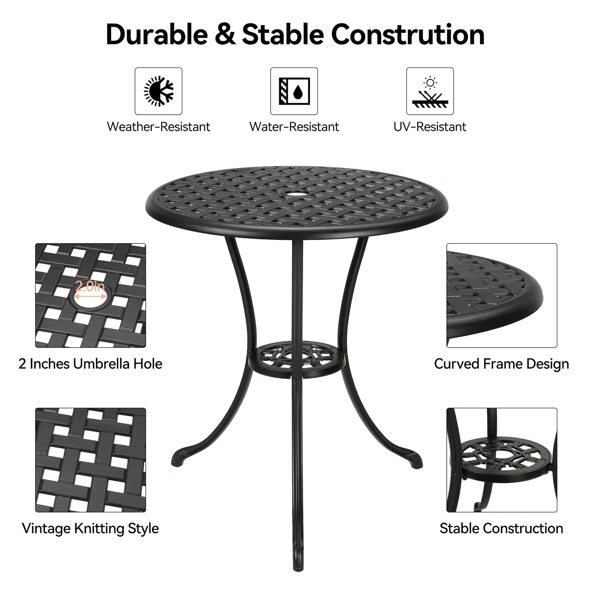 Table de bistrot Garvee Patio ronde de 61 cm (24 po) avec trou pour parasol de 5 cm (2 po), en aluminium résistant aux intempéries et structure en fer robuste, noir classique, pour balcon et jardin.