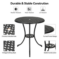 Table de bistrot Garvee Patio ronde de 61 cm (24 po) avec trou pour parasol de 5 cm (2 po), en aluminium résistant aux intempéries et structure en fer robuste, noir classique, pour balcon et jardin.