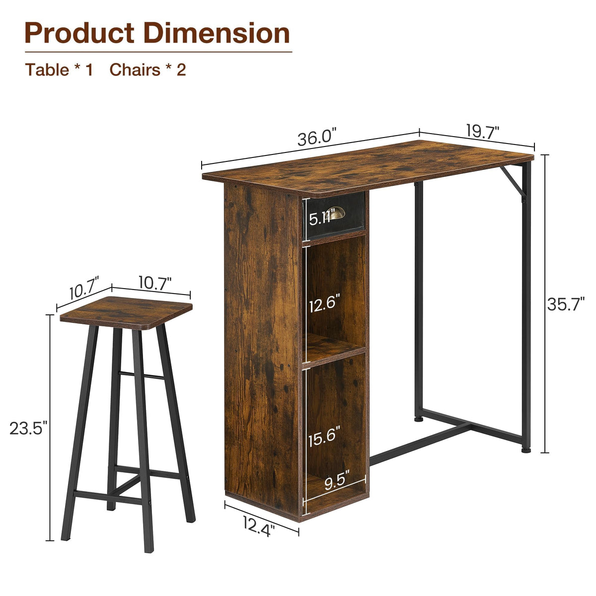 Ensemble table et chaises de bar Garvee avec triple rangement, ensemble bistro pour 2 personnes, structure robuste en fer, plateau en MDF, coussins ergonomiques, compact pour cuisine et bistro.