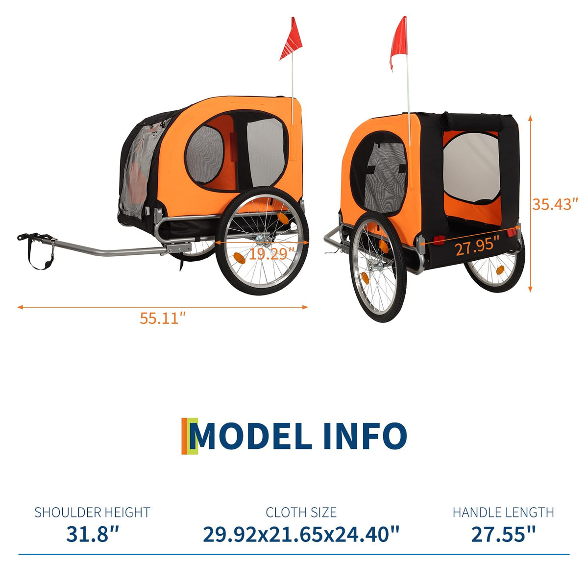Garvee Remorque vélo pour chien jusqu’à 40 kg, toile Oxford 600D résistante aux intempéries, drapeau inclus, pour grands chiens 56–71 cm, orange