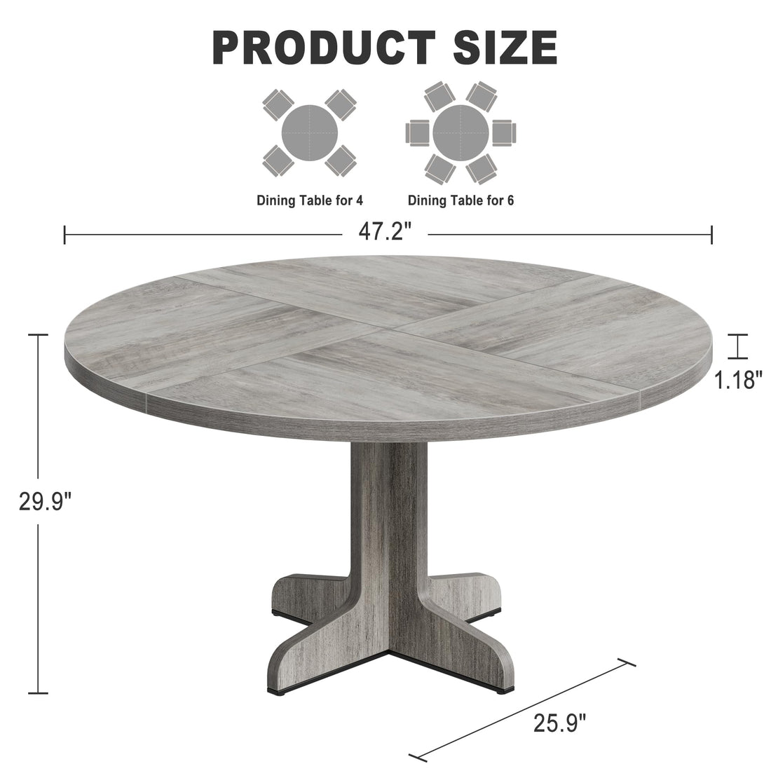 Garvee Table à manger ronde 120 cm pour 4 à 6 personnes, MDF robuste, base stable, pieds réglables, gris, pour cuisine et salon