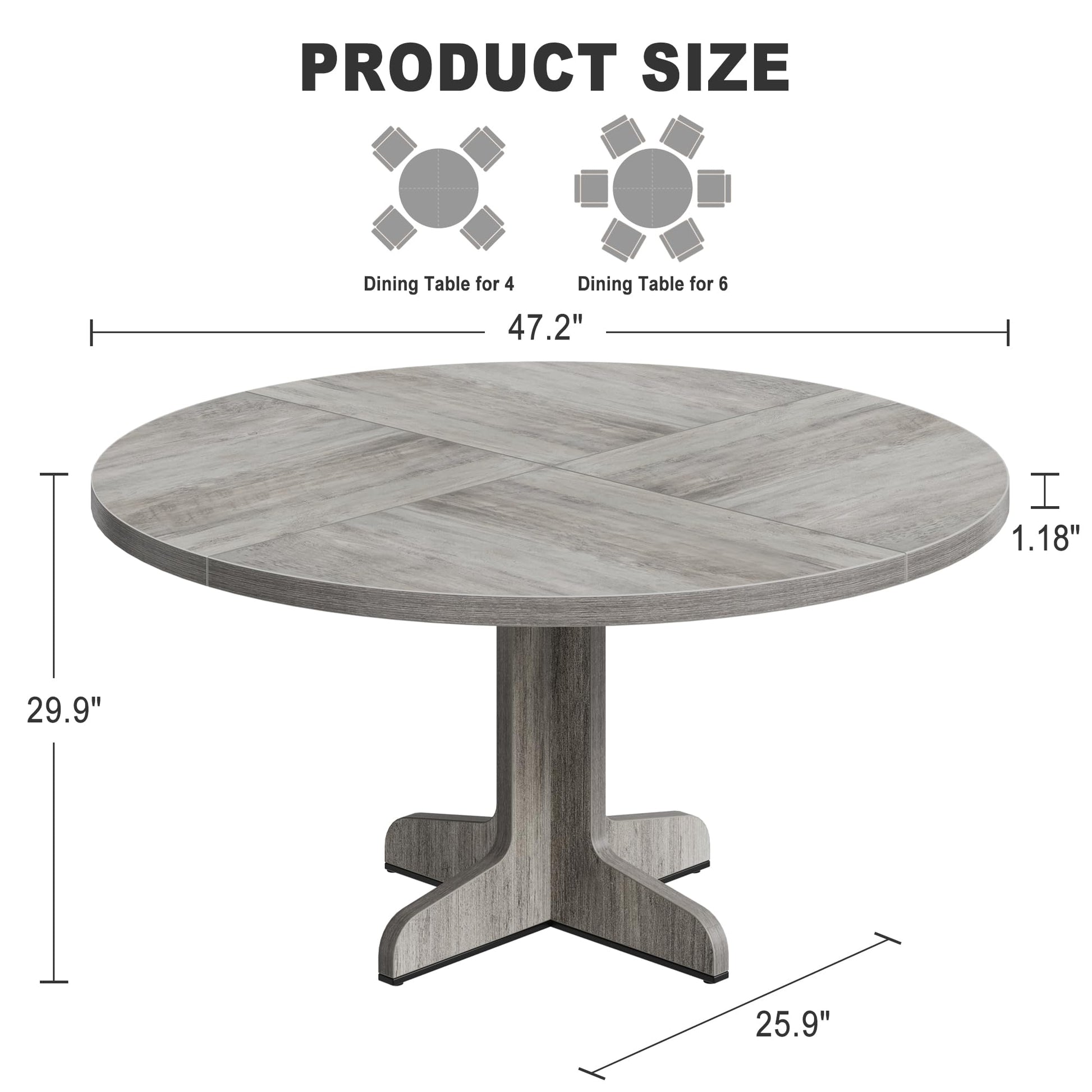 Garvee Table à manger ronde 120 cm pour 4 à 6 personnes, MDF robuste, base stable, pieds réglables, gris, pour cuisine et salon