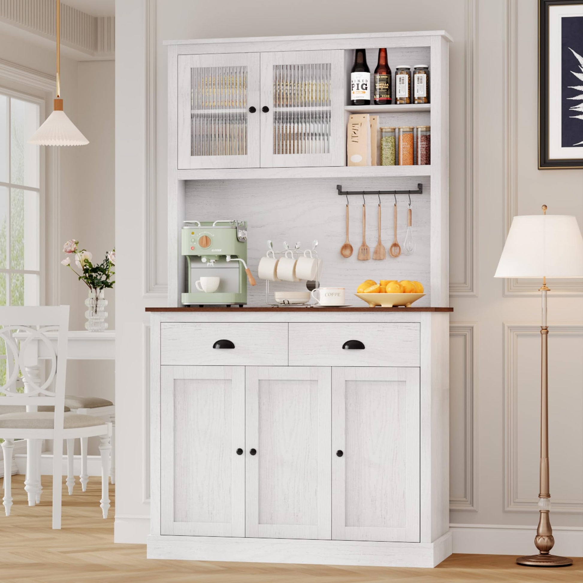 Meuble de cuisine Garvee avec tiroirs et étagères réglables, garde-manger de 180 cm de haut pour cuisine et salle à manger, en panneaux de particules haute densité, blanc