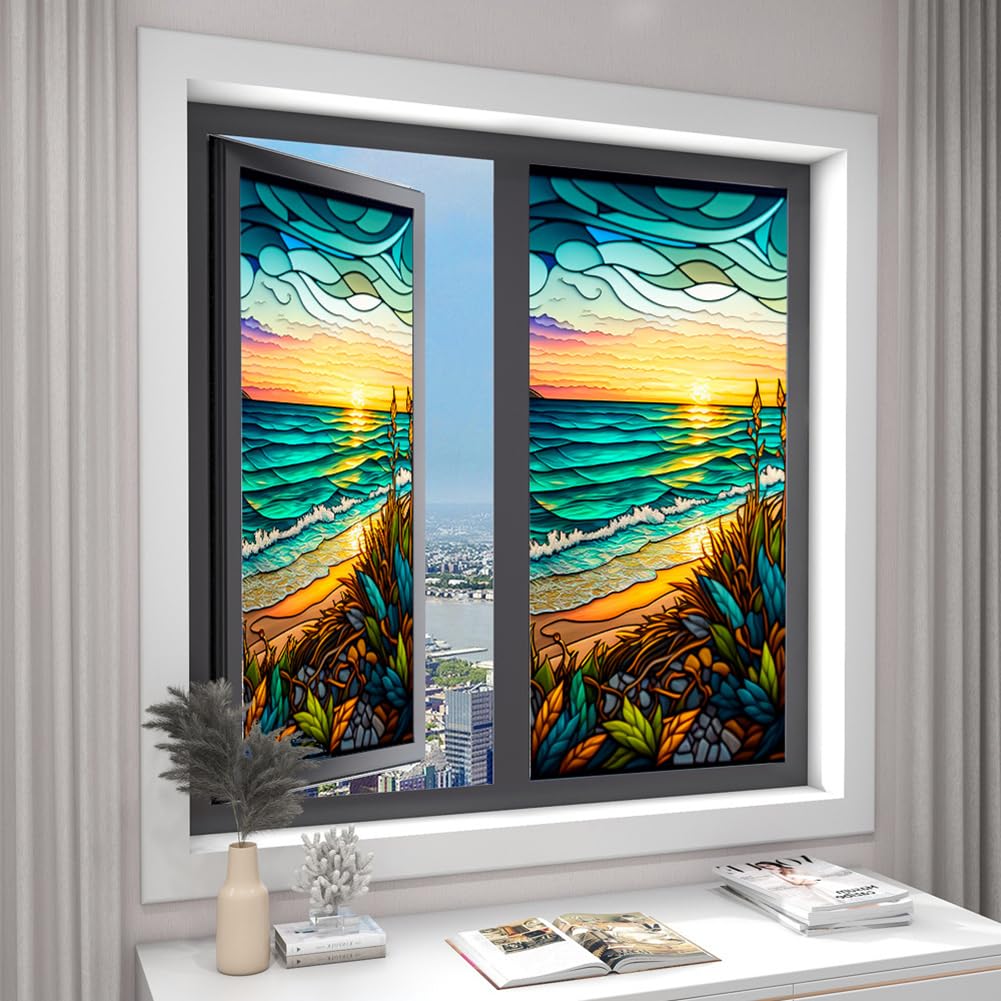 Film pour fenêtre en PVC Garvee, motif coucher de soleil sur la mer, 45 x 100 cm, coloré, non adhésif et réutilisable pour salon et bureau.
