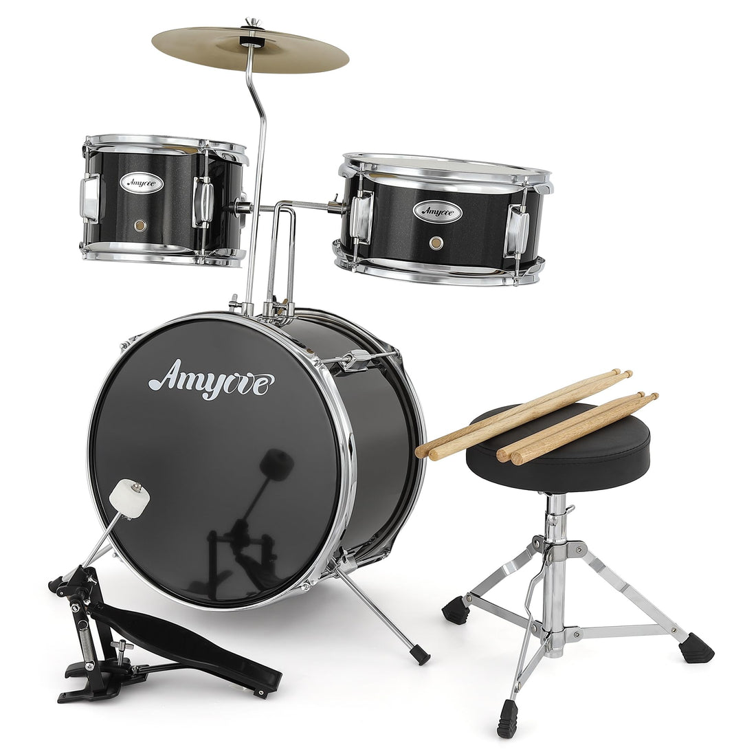 Garvee Batterie Junior 3 pièces avec cymbales, tom, grosse caisse, bois, pédale de grosse caisse, baguettes, tabouret pour chambre d'enfant