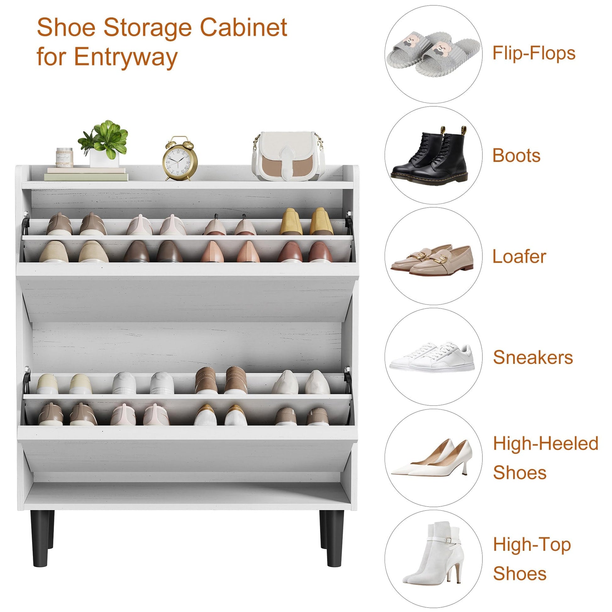 Meuble à chaussures Garvee avec 2 tiroirs abattants, étagère réglable, bois MDF pour entrée et salon, blanc, grand espace de rangement, anti-basculement