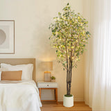 Eucalyptus artificiel Garvee de 2,13 m avec 100 lumières LED, branches ajustables, pot en plastique blanc, décoration intérieure et extérieure