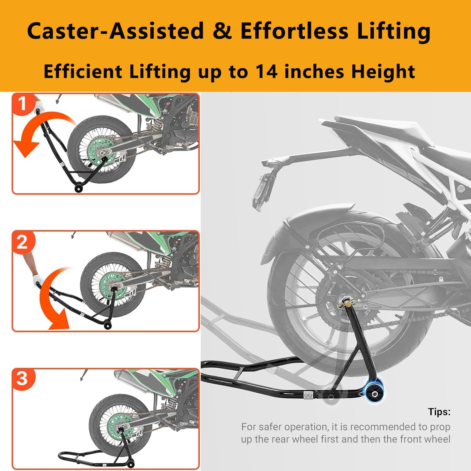 Support moto GARVEE avant et arrière universel, capacité 385 kg, réglable avec adaptateurs à fourche, pour motos sportives et tout-terrain, noir