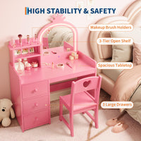 Garvee Bureau-Coiffeuse Enfant Princesse avec Miroir LED, 2-en-1 Convertible, MDF, Rangement et Chaise, Idéal pour Jeux et Étude