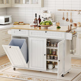 Garvee îlot de cuisine 140 cm avec rangement, roulettes, porte, serviettes, porte, épices, support couteaux, poubelle intégrée, MDF robuste, pliable, mobile, idéal petite - Blanc