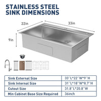 Évier encastrable Garvee en acier inoxydable argenté, 1 cuve (83,8 x 55,9 x 22,9 cm) – Avec planche à découper et accessoires pour plan de travail.