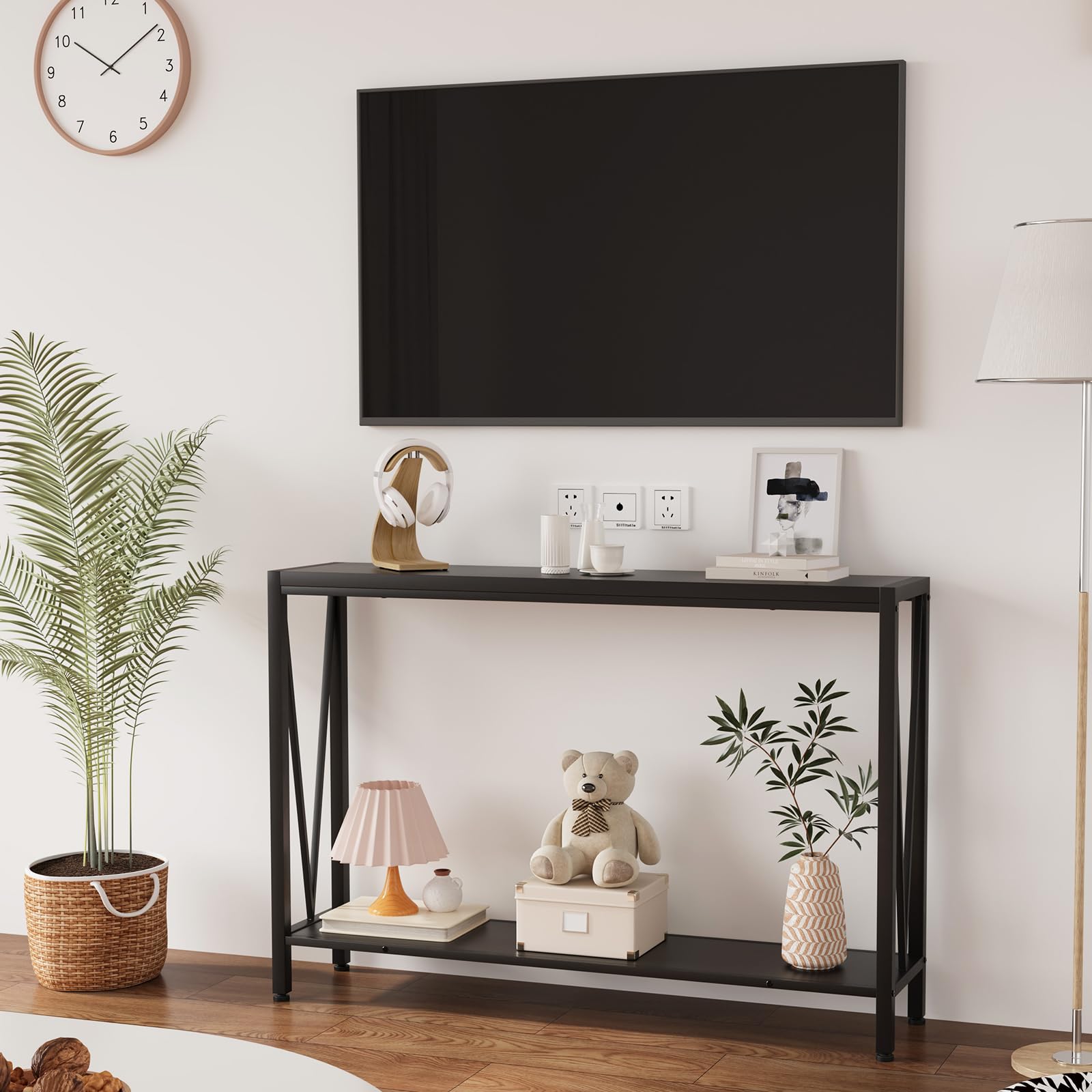 Garvee Console étroite 2 niveaux pour canapé, bois noir, compacte et robuste, 109 x 25 x 76 cm, idéale couloir, entrée et salon.