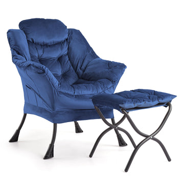 Fauteuil relax Garvee avec ottoman, repose-pieds pliable, structure en acier, ergonomique, bleu foncé, pour salon et bureau