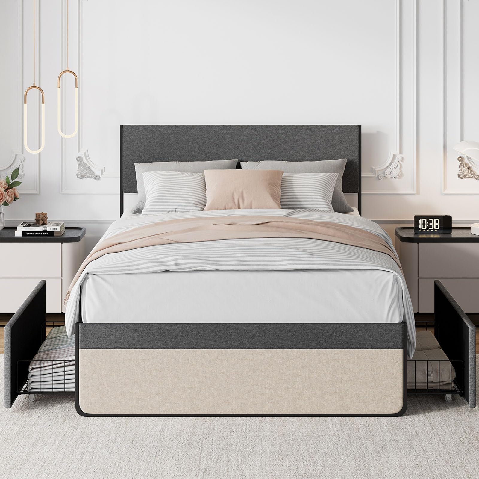 Cadre de lit Garvee Queen Size avec tête de lit, 2 tiroirs, sommier à lattes métalliques, silencieux, tissu en lin gris, chambre à coucher