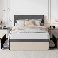 Cadre de lit Garvee Queen Size avec tête de lit, 2 tiroirs, sommier à lattes métalliques, silencieux, tissu en lin gris, chambre à coucher
