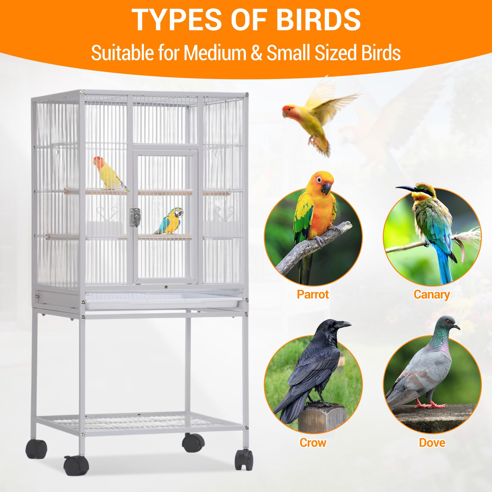 Cage à oiseaux en métal Garvee de 104 cm (41 pouces) pour perruches ondulées, avec perchoirs en bois et support à roulettes, blanche, pour la maison