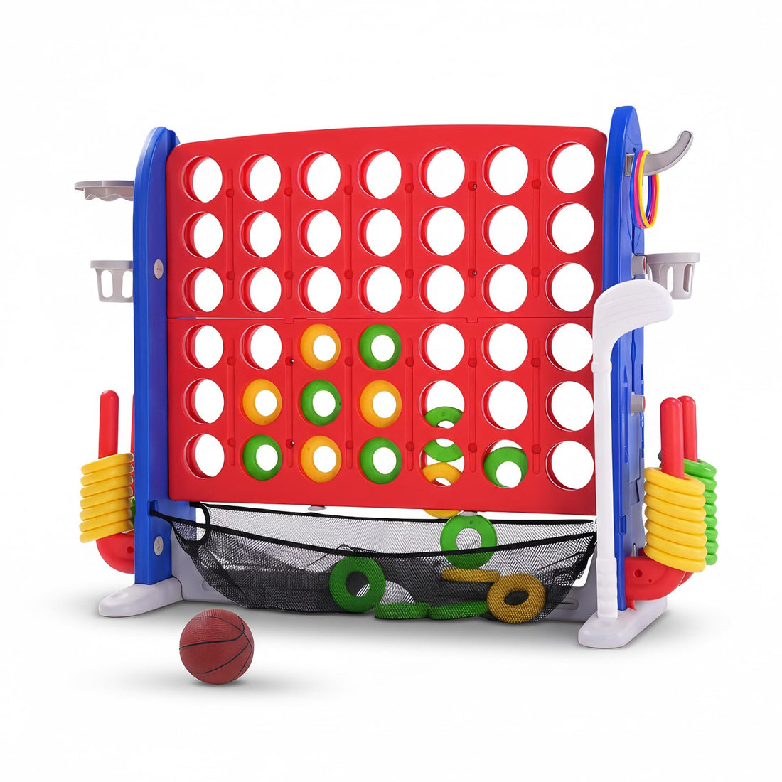 Jeu géant 4 en 1 Garvee Puissance 4 avec panier de basket et jeu d'anneaux pour le jardin et les fêtes de famille, hauteur réglable, robuste en PE/PP, portable