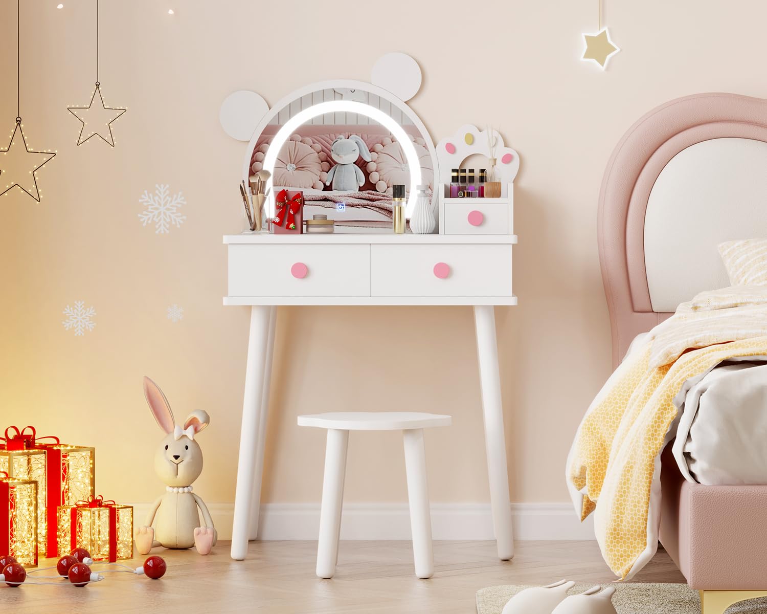Coiffeuse Garvee pour enfants avec lumière LED, miroir en forme d'ours, rangement, bois certifié FSC, support à fleurs pour salle de jeux de filles, 55 cm (L) x 38 cm (l) x 101 cm (H)