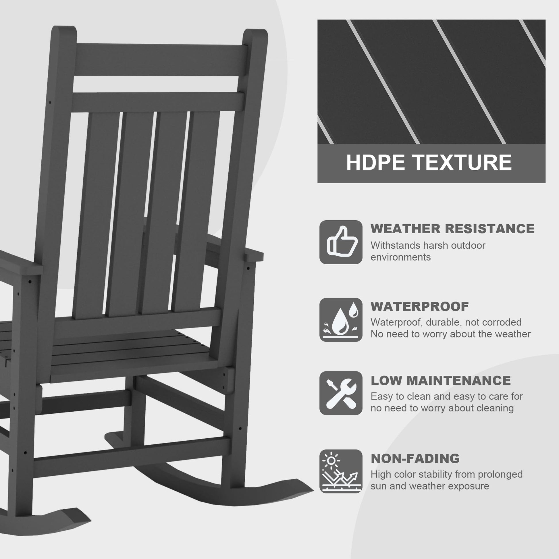 Garvee Fauteuil à bascule d’extérieur en HDPE gris, résistant aux intempéries, assise ergonomique 51 cm, capacité 158 kg