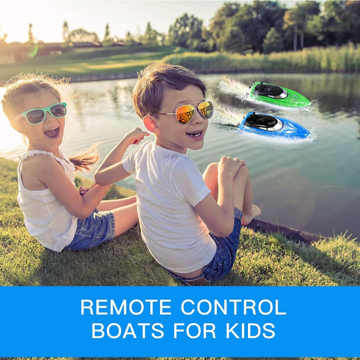 Bateau radiocommandé Garvee (lot de 2) - Vitesse élevée (10 km/h), télécommande 2,4 GHz, plastique ABS, idéal pour piscines et lacs, 4 batteries incluses, chargement USB.