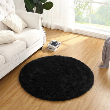 Tapis rond moelleux Garvee 100 cm (3'3,3") en velours noir doux et shaggy, antidérapant, idéal pour la chambre d'enfant, le salon ou la chambre à coucher.